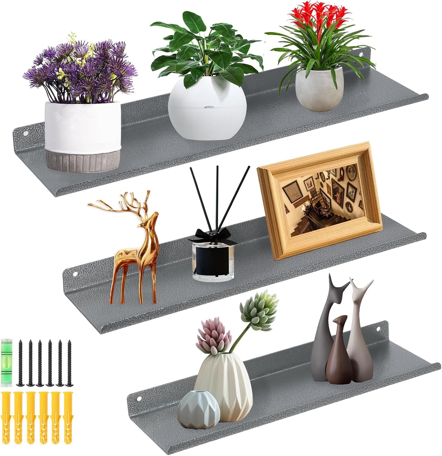 himaly Metal Wall Shelf, Floating Shelves, 30/35/40 cm, Wall Mounted Storage Shelves for Kitchen, Bathroom, Living Room, Bedroom (Grey, Set of 3)