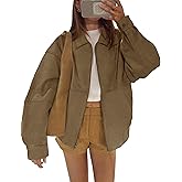 PHISOCKAT Women's Faux Suede Jackets Zip Up Long Sleeve Suede Bomber Oversized Jacket Fall Jackets with Pocket