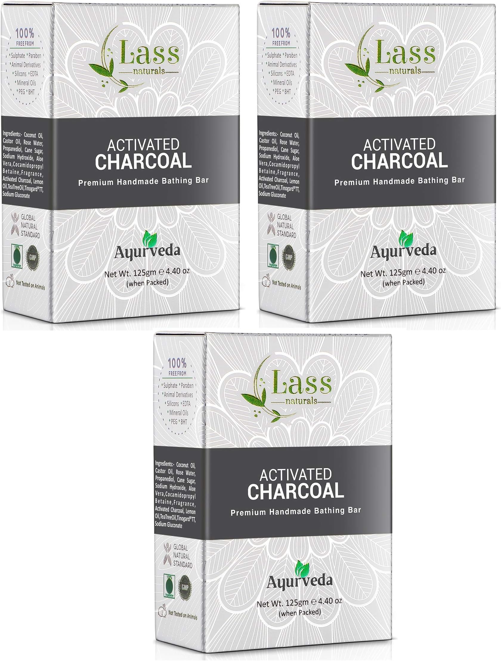Lass Naturals Activated Charcoal Soap – Premium Handmade Bathing Bar with Pure Essential Oils 125 g – Body Care (Pack of 3)