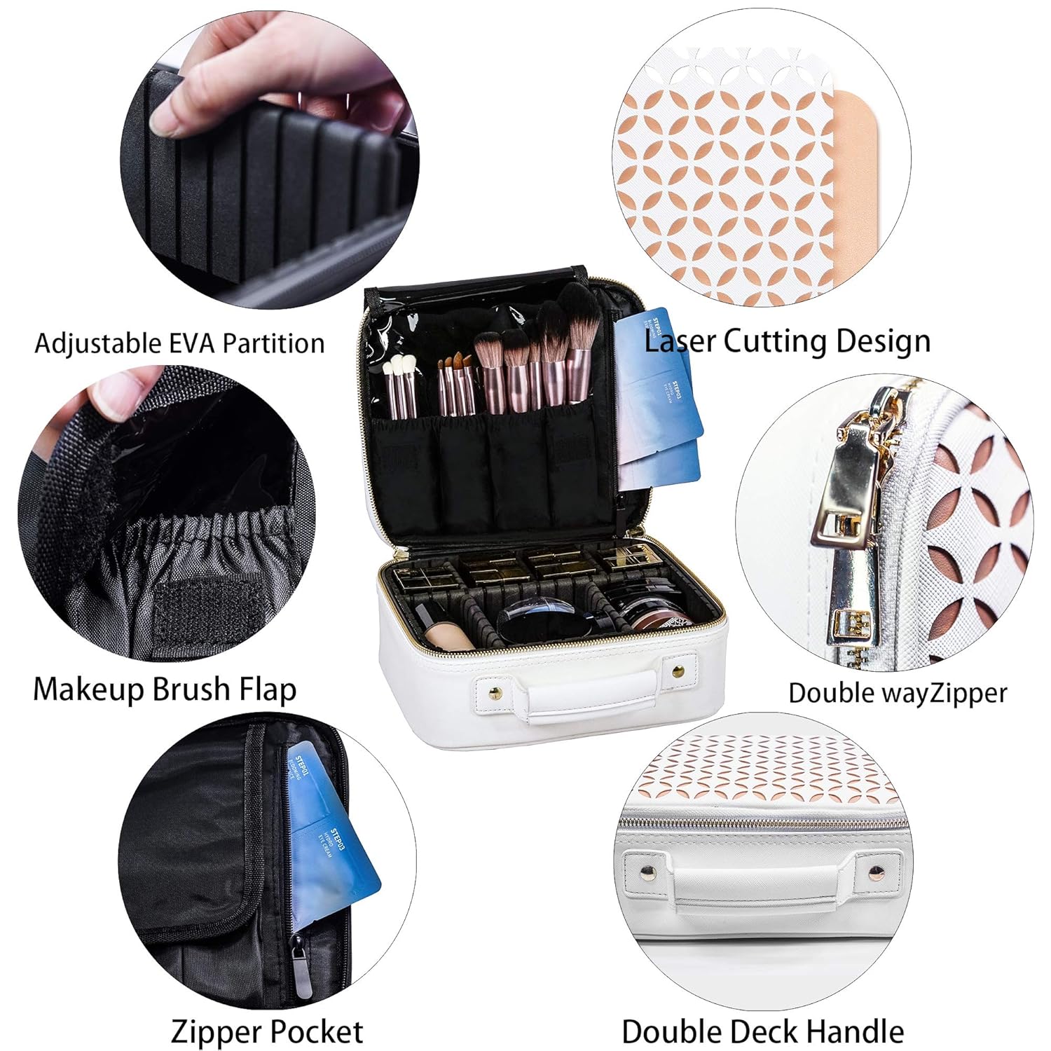 L'GLADKING Makeup Case Cosmetic Travel Bag Makeup Organizer Bag Travel Makeup Organizer for Women with Brush Holder and Adjustable Dividers for Makeup Brushes (white) : Beauty