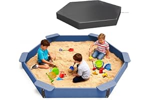 FOOWIN Hexagonal Outdoor Sandbox with Cover for Kids, HDPE Large Sandpit w/6 Benches, for Aged 3-12 Years Old, Sand Box for Children, Bottom Liner,Blue
