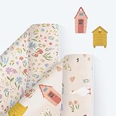 Cheerland 12 Sheets Gingham Wrapping Paper One Silly Goose Gift Wrap Farm and Floral Theme with 12 Gift Tags, 2 Designs Cottage Core Insect Garden Party Chicken Shed Kids Baby Shower Birthday Supplies