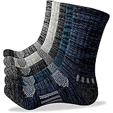 Men's Wool Crew Work Socks, 5 Pairs, Moisture Wicking Cushioned Boot Socks for Hiking, Running and Sports