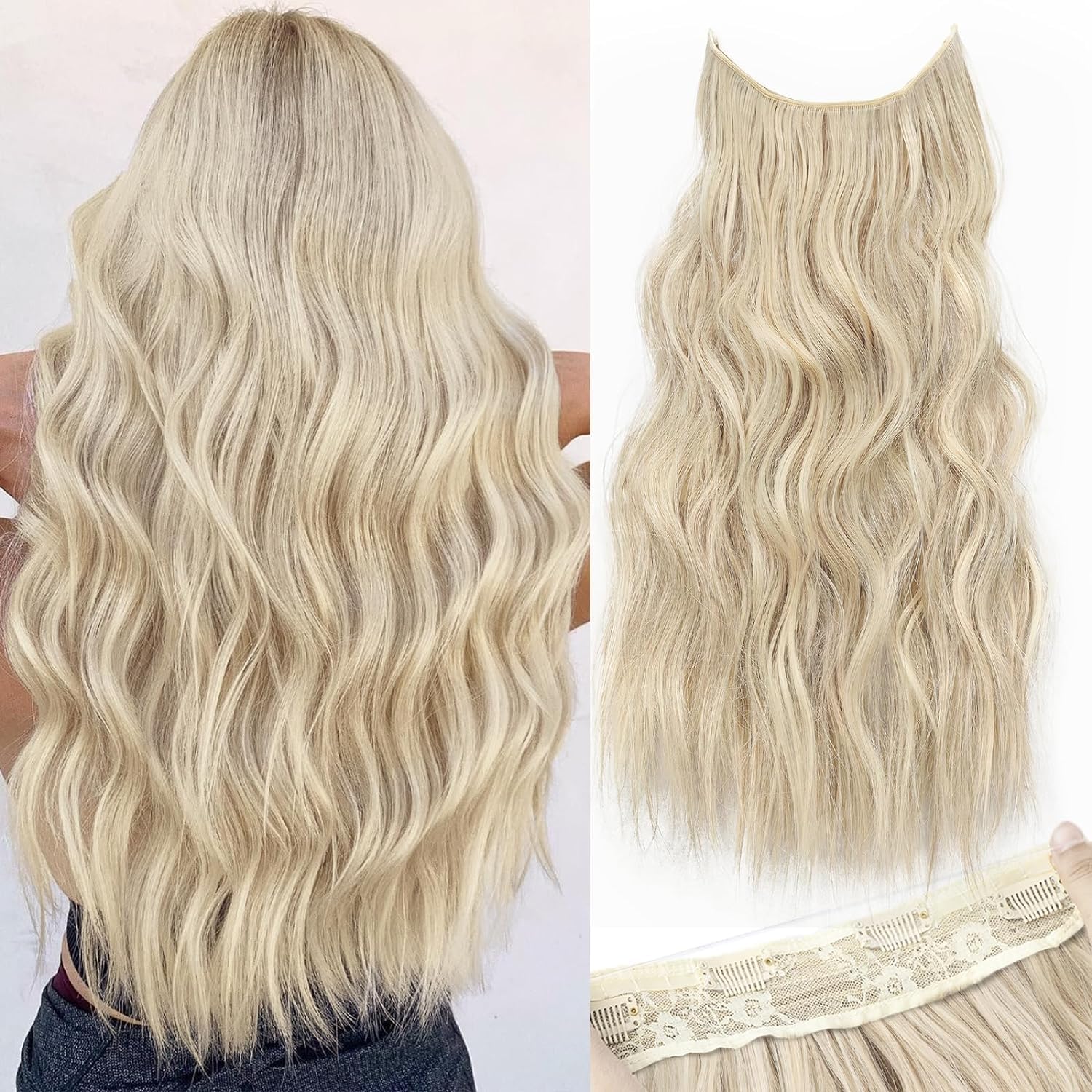 PORSMEER Invisible Wire Hair Extensions with Transparent Headband Adjustable Size 4 Secure Clips Long Wavy Secret Wire Hairpiece 20 Inch for Women (20 Inch, Light Brown mix Platinum Blonde) โ image 1