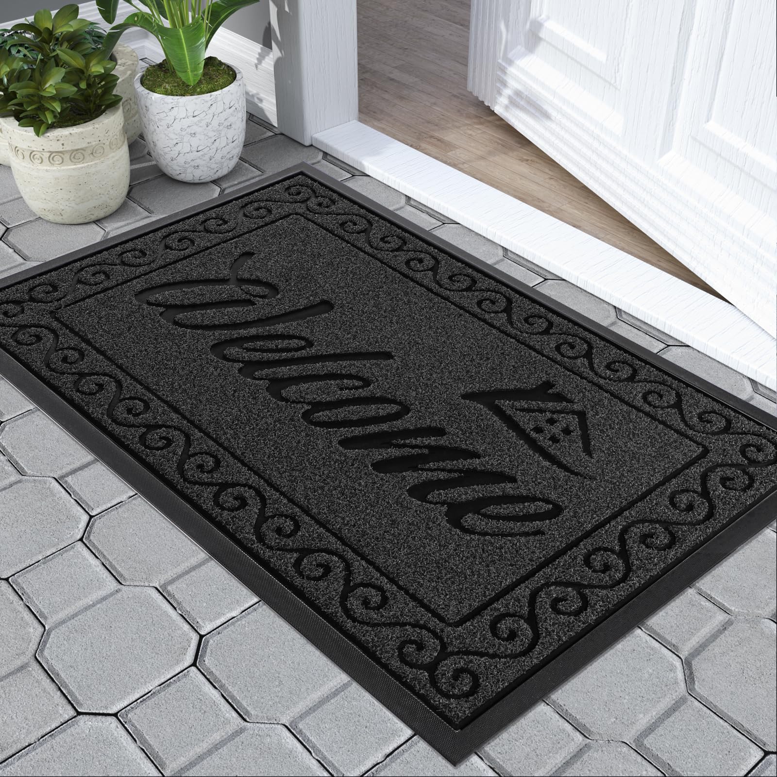 Yimobra welcome door mat, Heavy Duty Sturdy Front Mats for Home Entrance Outdoor Indoor,Non Slip Backing, Exterior Mats for Outside Patio Porch Farmhouse, 75 x 43 cm, Black