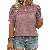 Eytino Plus Size Tops for Women Crewneck Puff Short Sleeve Summer Loose Casual Tshirts Blouse(1X-5X)