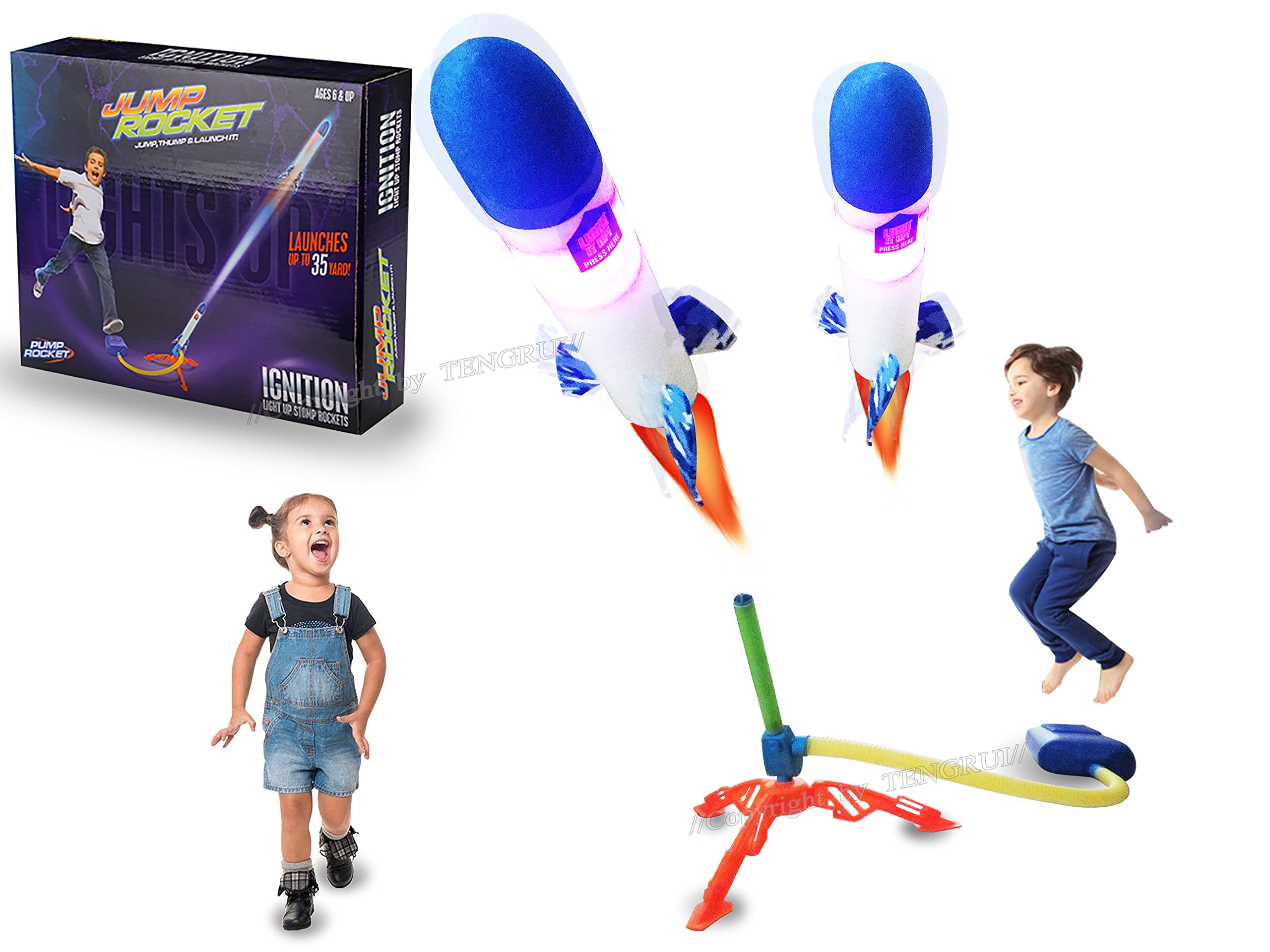 TengRui Jump Soaring Rocket LED - Pump Jump Adjustable Launcher Flying Dueling Foam Rockets (Intercontinental Missile Style)