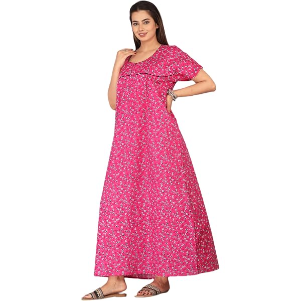 chinese dress ladies Cotton Printed Indian Nighty Maxi Night Gown For Women's (Red, Free Size)  at Amazon Women's Clothing store