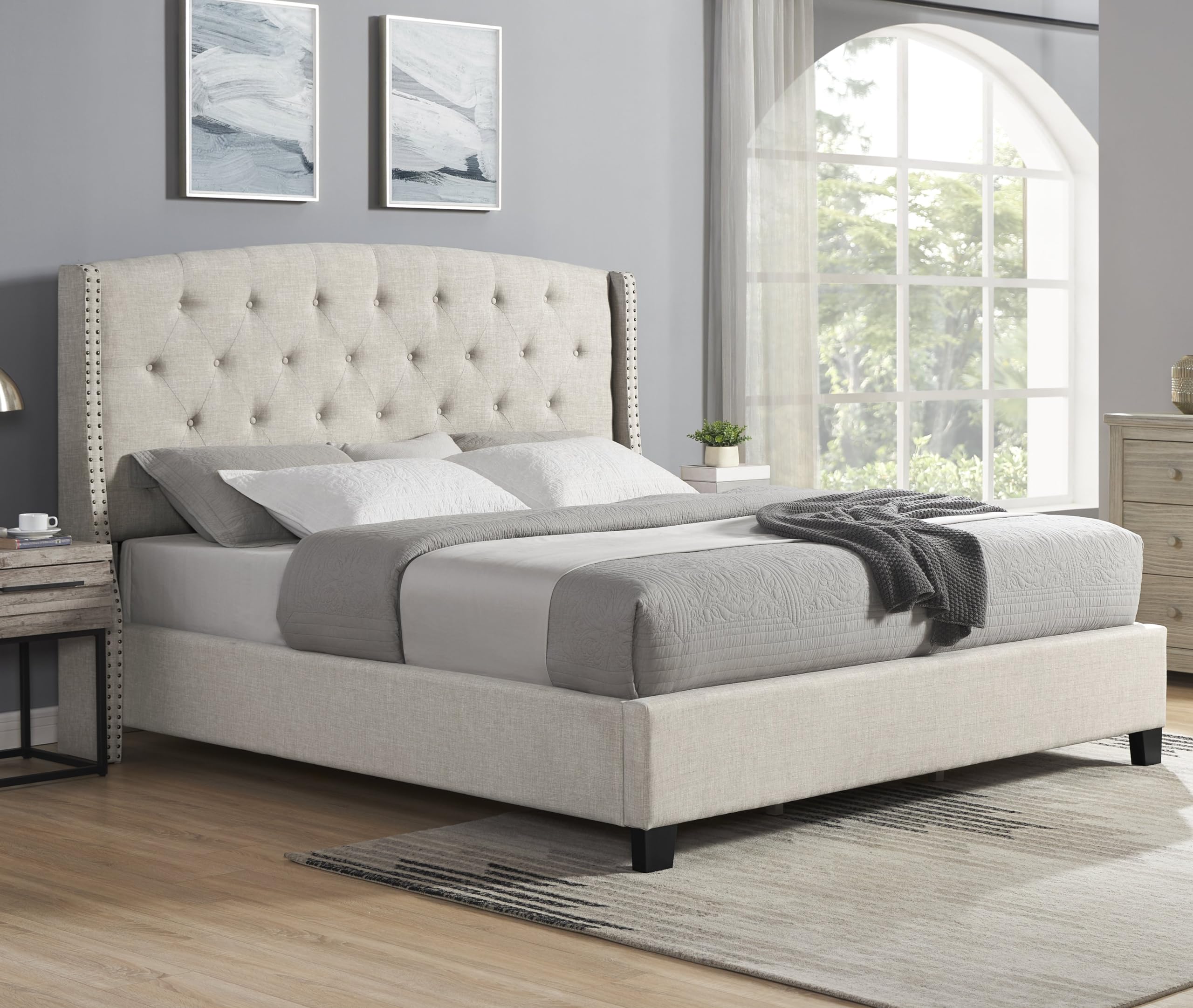 View 1 of ** CUT ON BOTTOM OF FRAME *** Roundhill Furniture Nantarre Fabric Tufted Wingback Upholstered Bed with Nailhead Trim, King, Tan