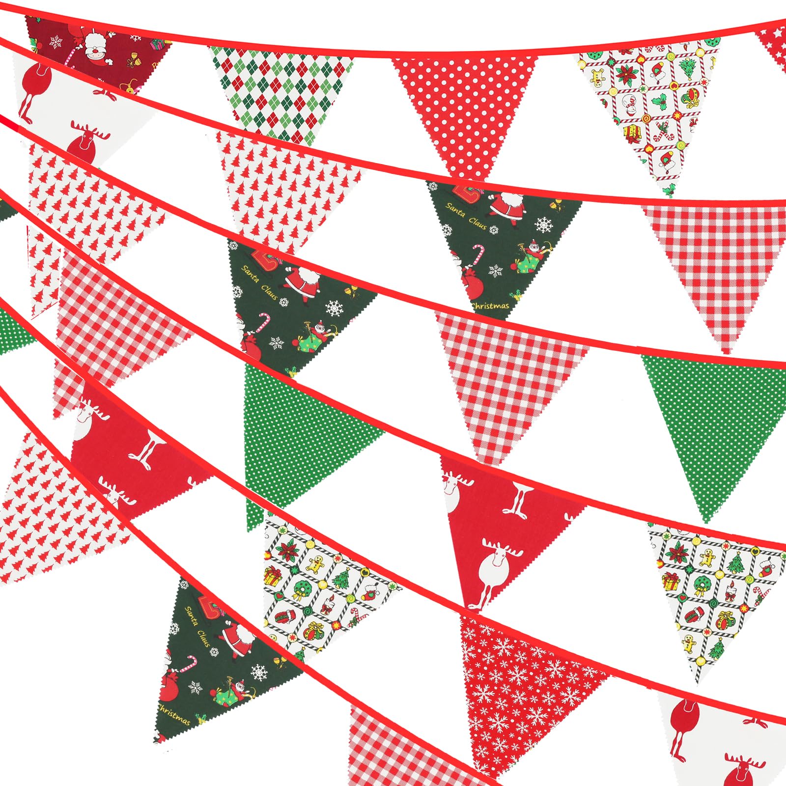 G2PLUS 12M Christmas Fabric Bunting Banner - 19x21CM Reusable Cotton Xmas Garlands with 42PCS Large Decoration Traingle Pennants for Christmas Parties Decoration