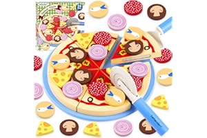 BEBEROLEN Wooden Pizza Toys for Kids, 24Pcs Cutting Toy Pizza Play Food Set, Pretend Play Kitchen Accessories Wood Cooking Toys for 3 4 5 Year Old Toddlers Boys Girls