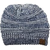 C.C Fur Pom Winter Fall Trendy Chunky Stretchy Cable Knit Beanie Hat, 3 Tone Denim