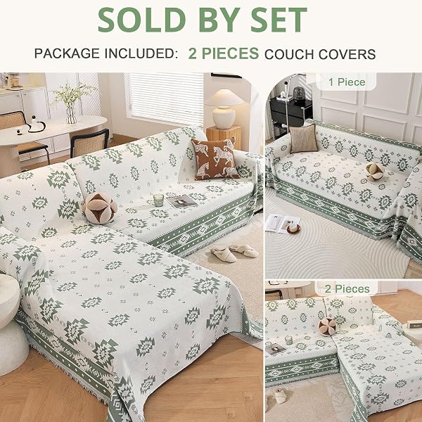 ROYHOM SECTIONAL COUCH COVERS 2 PIECES, L SHAPED COUCH COVER BLANKET, CHENILLE SOFA COVERS WASHABLE, REVERSIBLE SOFA SLIPCOVER WITH TASSEL, SUITABLE FOR ALL SEASONS (71″X118″+91″X134″, GREEN)