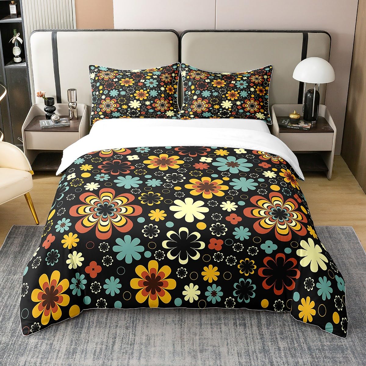 Retro Flower 100% Cotton Duvet Cover Double,Funky 1960S 1970S Swirls Floral Bedding Set for Kids Girls,Colorful Groovy Flowers Comforter Cover Cute Room Decor,Vintage Black Quilt Cover Breathable