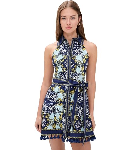 alice + olivia Blue Karisse Floral Smock Neck Tiered A-Line Mini Dress Size 6 at Amazon Women's Clothing store