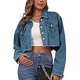 BubFee Jean Jacket for Women Cropped Denim Jackets Button Down Long Sleeve Fitted Crop Top Frayed Hem Jean Coat