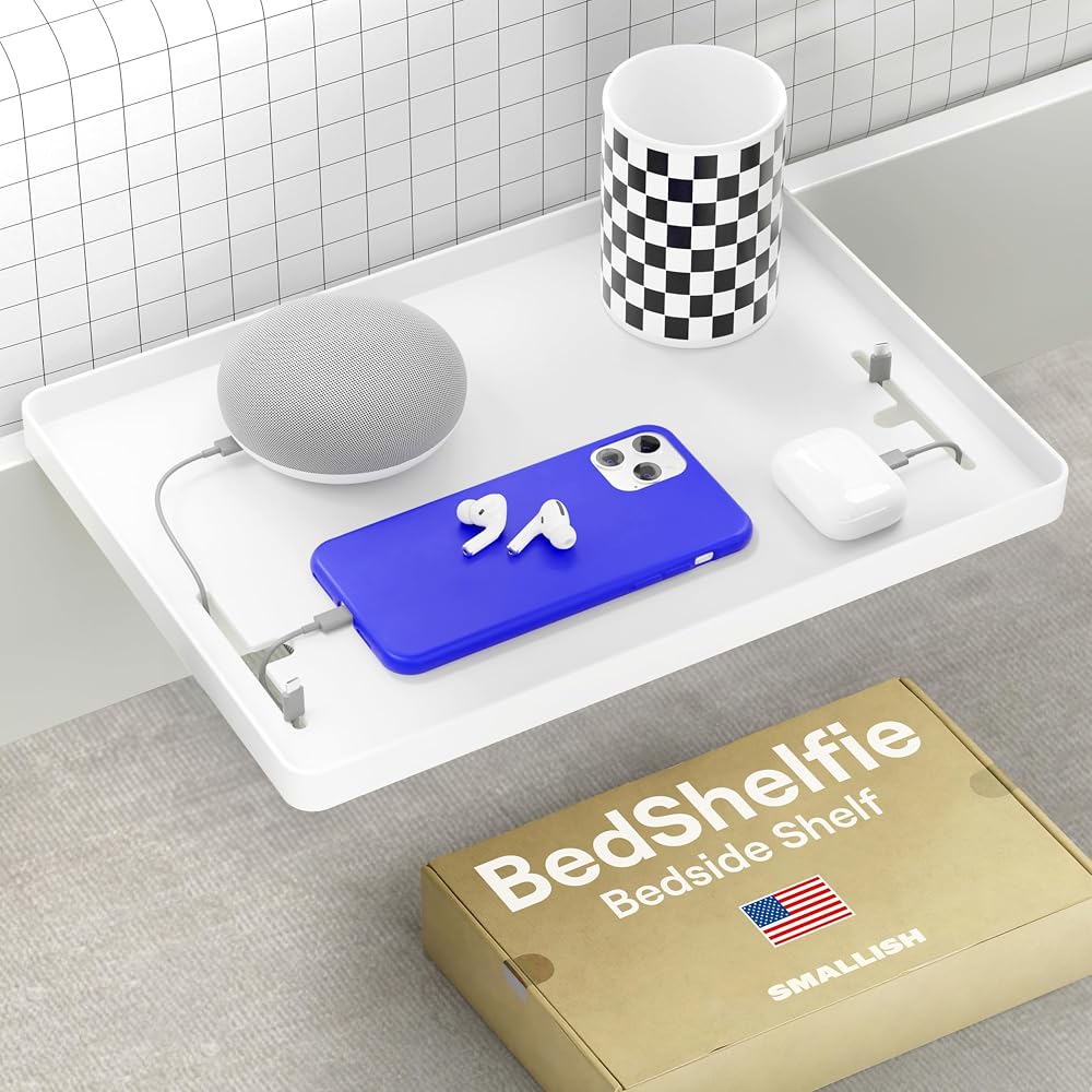 BedShelfie Bedside Shelf Cable Catch White Plastic Clip On Nightstand