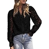 MASCOMODA Womens Tops Dressy Casual Fall Puff Long Sleeve Eyelet Button Shirts V Neck Lace Embroidered Hollow Out Work Blouse