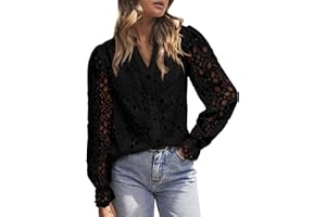 MASCOMODA Womens Tops Dressy Casual Fall Puff Long Sleeve Eyelet Button Shirts V Neck Lace Embroidered Hollow Out Work Blouse