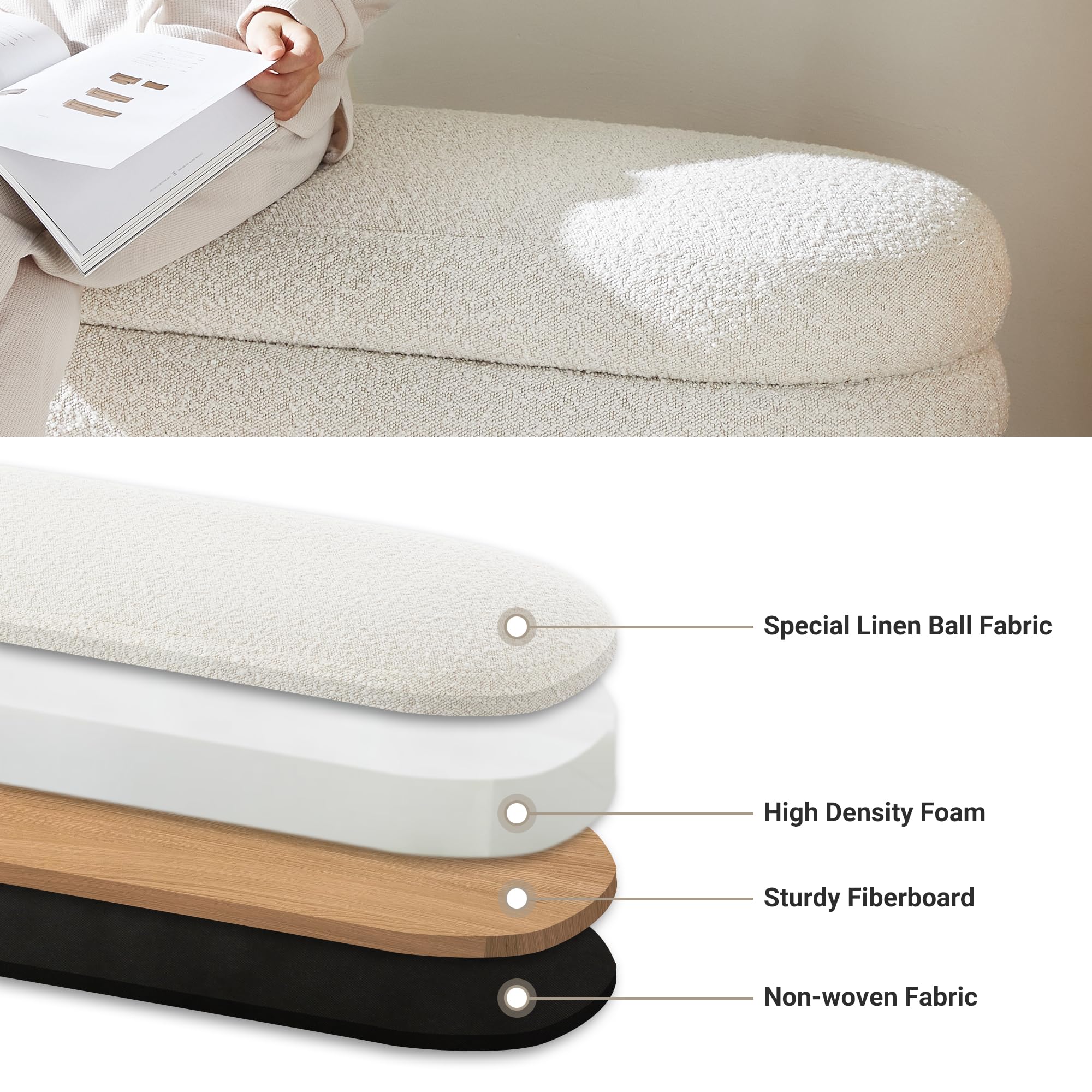 Busaurus Storage Ottoman Bench 49.2 Inch Upholstered Fabric Storage Bench for Bedroom End of Bed Aesthetic Large Oval Storage Ottoman for Living Room Entryway (Ivory) - Image 3