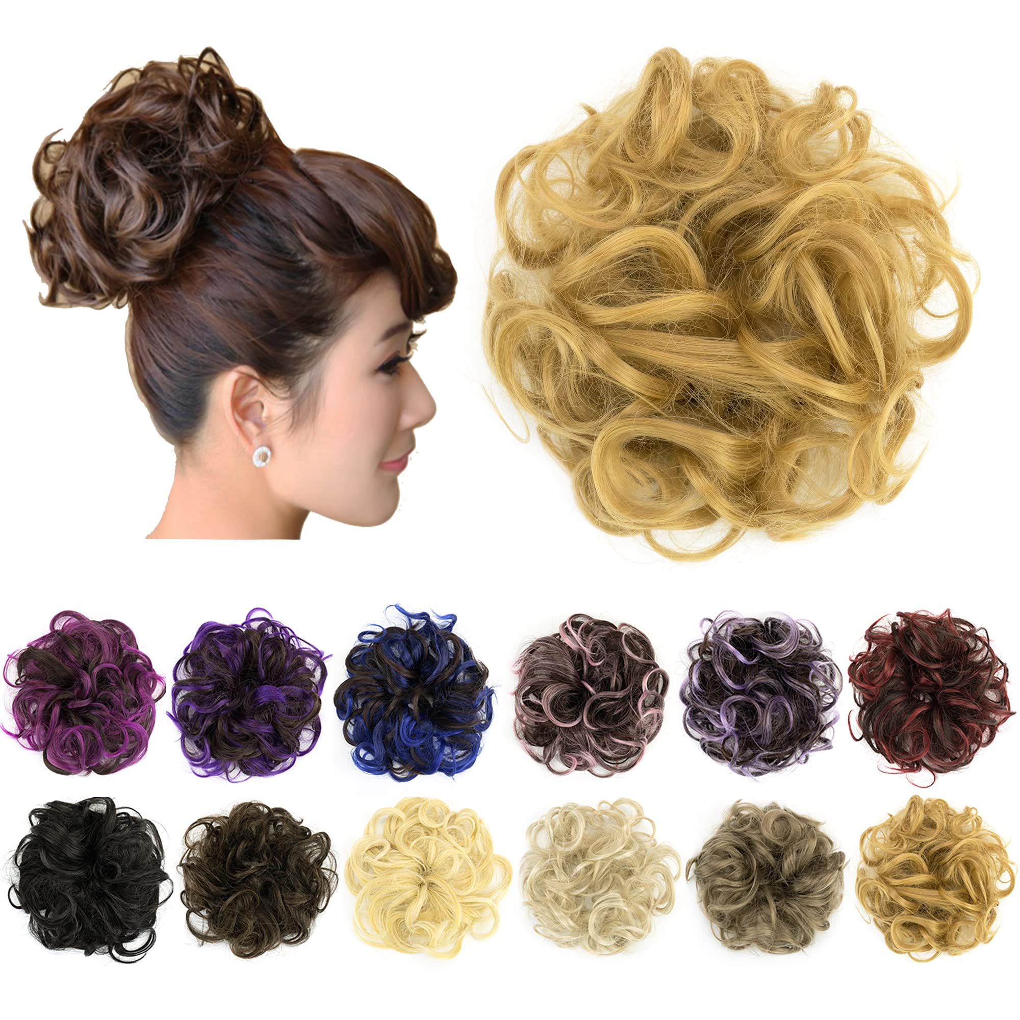 IMISSU 2PCS Messy Bun Hair Piece Updo Fake Scrunchies Ponytail Extension Wavy Curly Hairpieces Chignon Headband for Women (2PCS Ash Blonde)