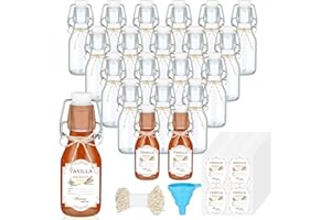 Queekay 20 Pack Mini Swing Top Glass Bottles for Vanilla Extract Homemade Olive Oil Bottles with Lids Airtight Cap Lids Labels for Wedding Baby Shower Favors (Clear,4oz)