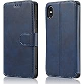 QLTYPRI Case for iPhone X/XS, Premium PU Leather Simple Wallet Case Card Slots Kickstand Magnetic Closure Shockproof Flip Cover for iPhone X/XS - Blue