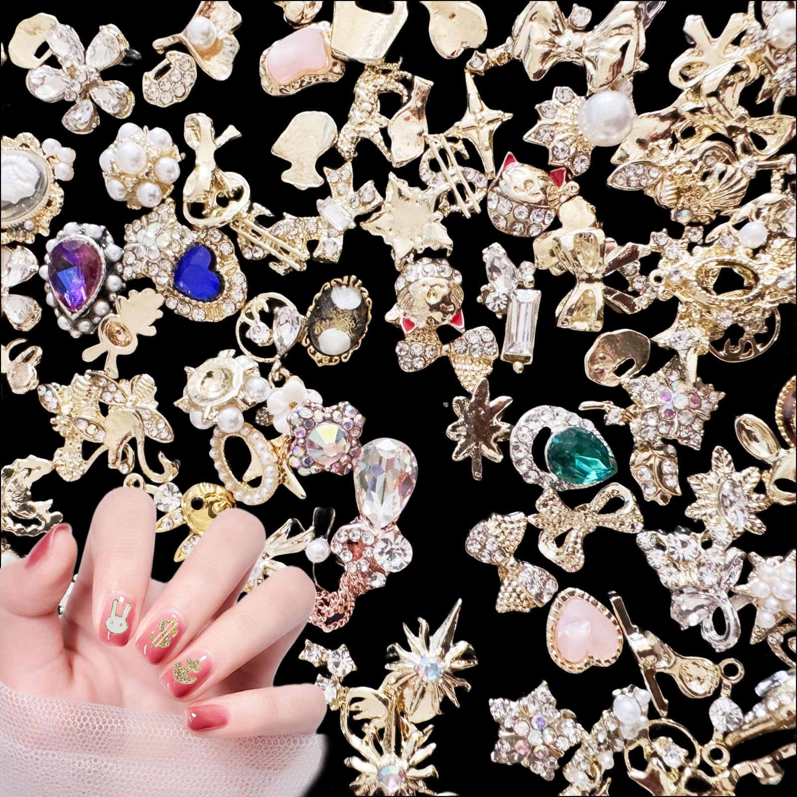 Gold Nail Charms,50PCS Mixed 3D Pearl Rhinestones Bowknot Luxury Metal Nail Art Charms,Alloy Nail Gems Nail Decorations for DIY Manicure Design Nail Art Jewelry Making (B Mixed Pattern Gold)