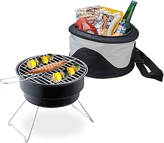 Relaxdays, schwarz Picknickgrill mit Kühltasche, tragbarer Campinggrill, Ø 26 cm, Mini Grill für leckeres BBQ & Festival
