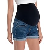 V VOCNI Women's Maternity Jean Shorts Over The Belly Stretchy Casual Rolled Hem Summer Denim Shorts