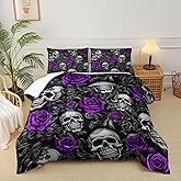 lneffble Sugar Skull Queen Size Comforter Set Floral Bedding Set,Gothic Skull Bedding Set for Boys Girls,Skeleton Bone Rose Blossoms Print Halloween Quilt Set,Horror Comforter Set for Bedroom Decor