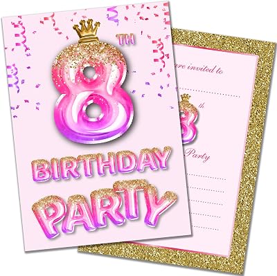 Olivia Samuel 20 Pack 8th Birthday Invitations Pink Gold Glitter UK Printed