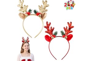 JOYIN 2 Pcs Golden & Red Reindeer Headbands with Glitters, Reindeer Antlers Decor with Cute Gold Bells, Christmas Hair Band Accessories for Adult and Kids for Holiday Party Cosplay