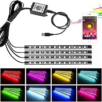 cjrslrb luces para interior de auto control con aplicacion bluetooth usb tira de luz led rgb 4 unidades 48 led multicolor juego de iluminacion