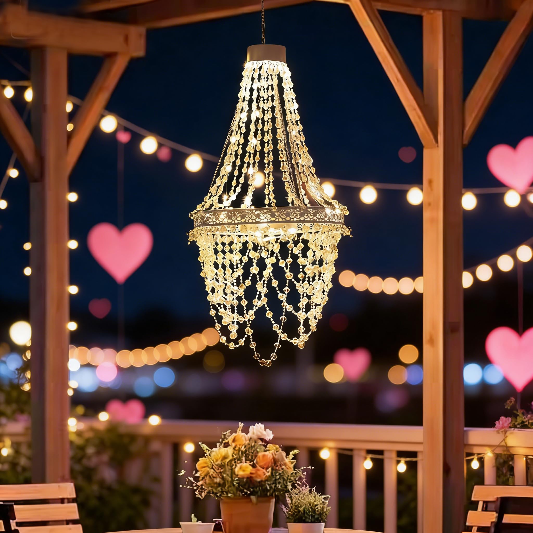 Photo 1 of Solar Hanging Crystal Chandelier Outdoor Garden Decorative Lights Powerful Lithium Battery 54 Warm White LEDs Waterproof Hanging Lantern for Valentine Gifts Garden Gazebo, Party, Wedding