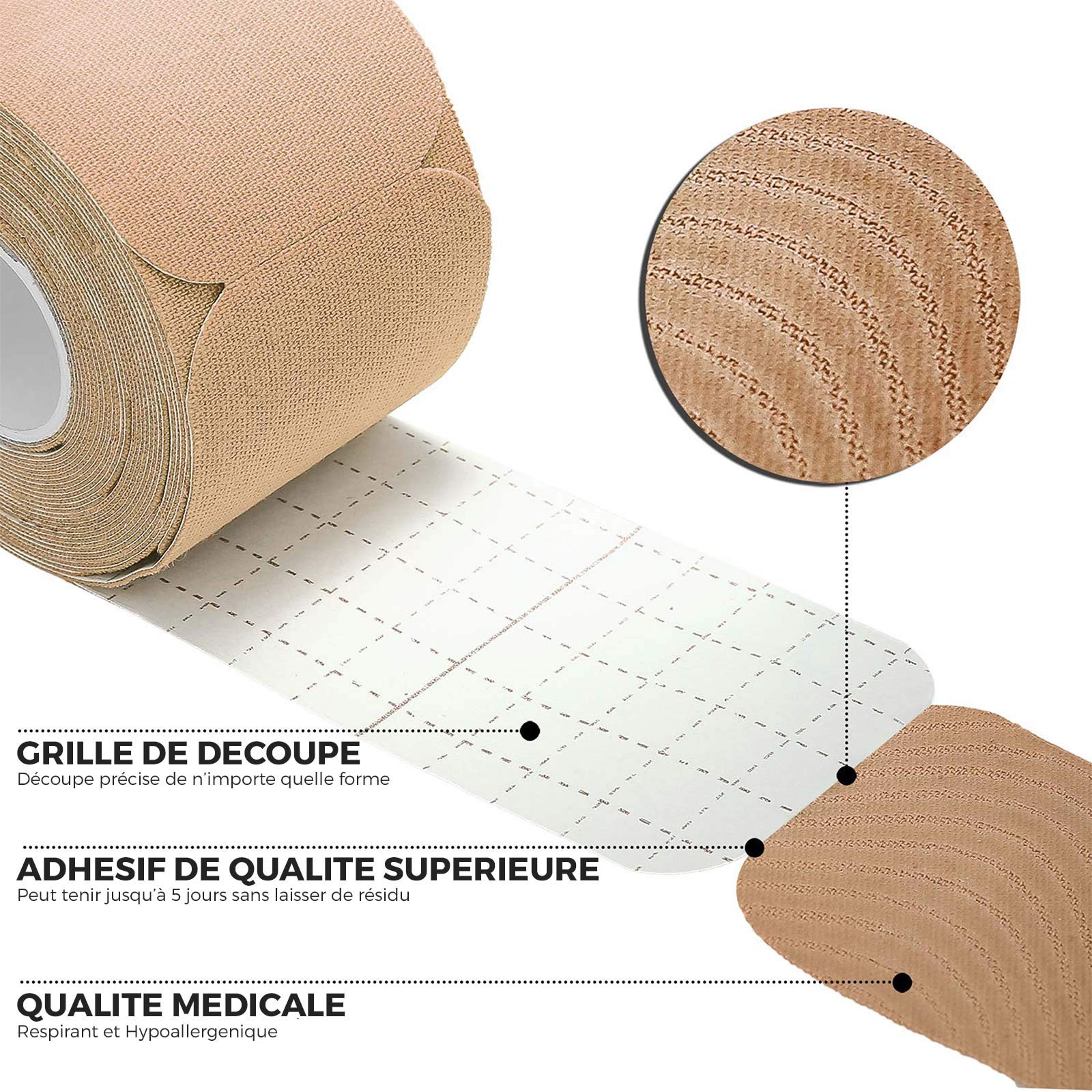 Bande de Kinesiologie Prédécoupée, Kinesio Tape pour Soutien Musculaire et Articulaire, Bande Médicale Strapping Professionnelle 2 Rouleaux de 5cm x 5mètres, Beige