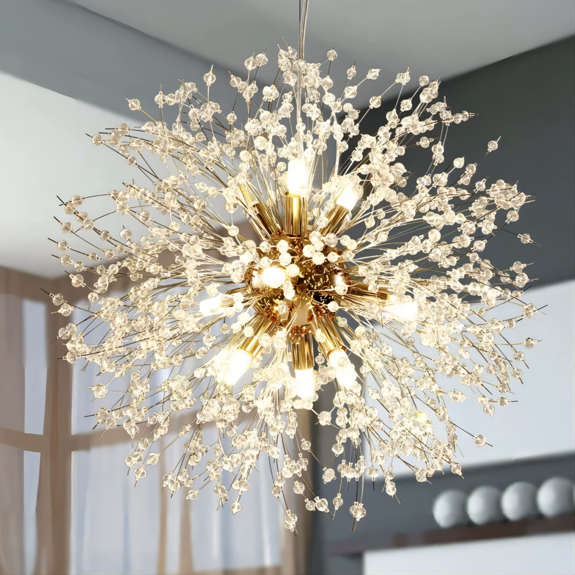Modern Firework Pendant Chandelier Lighting, 8 Lights Sputnik Lamps Fixtures Stainless Steel Crystal Indoor Home Decoration Light Fitting for Living Room Bedroom Hallway Kitchen Dining Room(Gold)