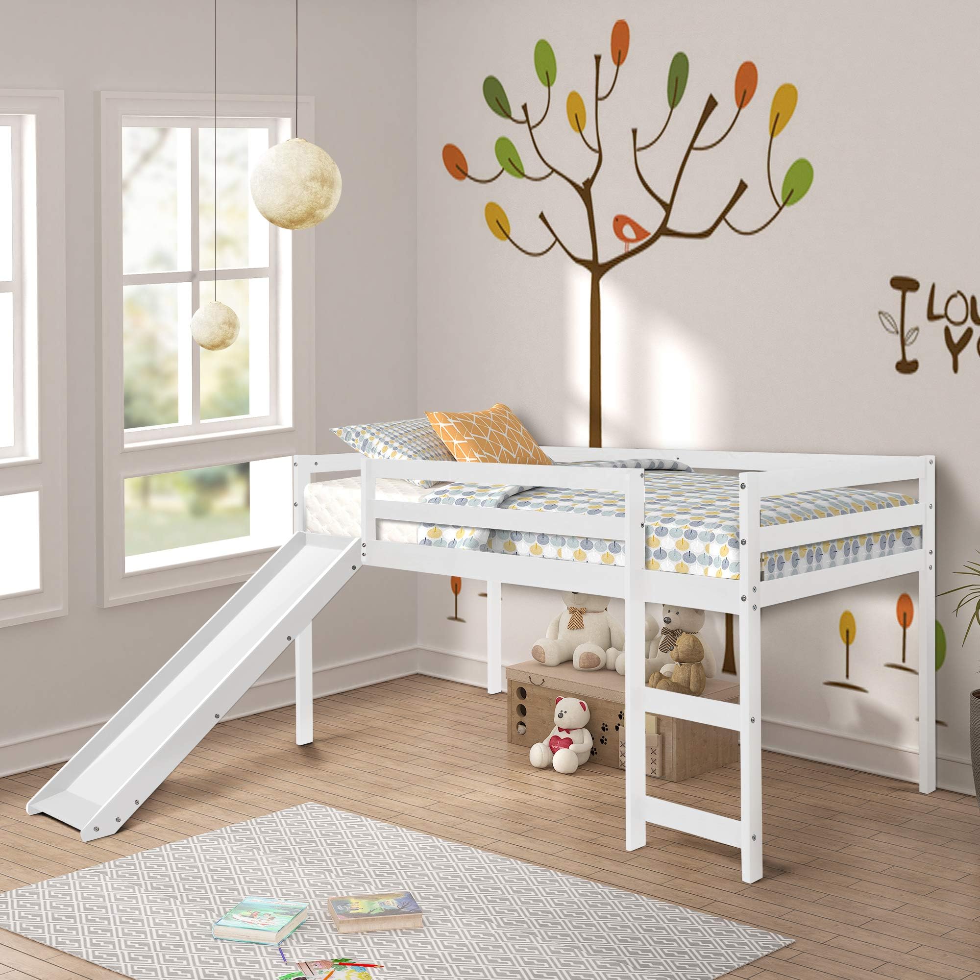 GHEDA Wood Loft Bed with Slide and Ladder for Kids, Wooden Twin Loft Bed Frame for Bedroom, No Box Spring Needed (White)
