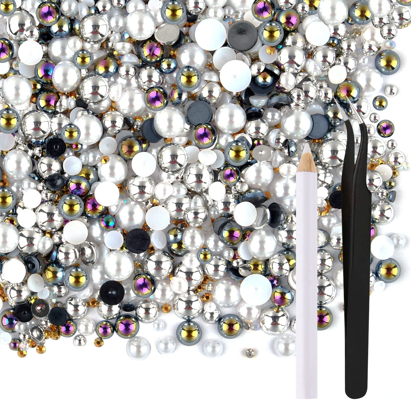 ASTARON 50g Mix Flat Back Pearls and Rhinestones for Crafts Mixed Size 3mm-10mm Flat Back Rhinestones for Crafts Flatback Pearls for DIY Tumblers Mugs Nail Art Shoes Clothes (Black White Series)