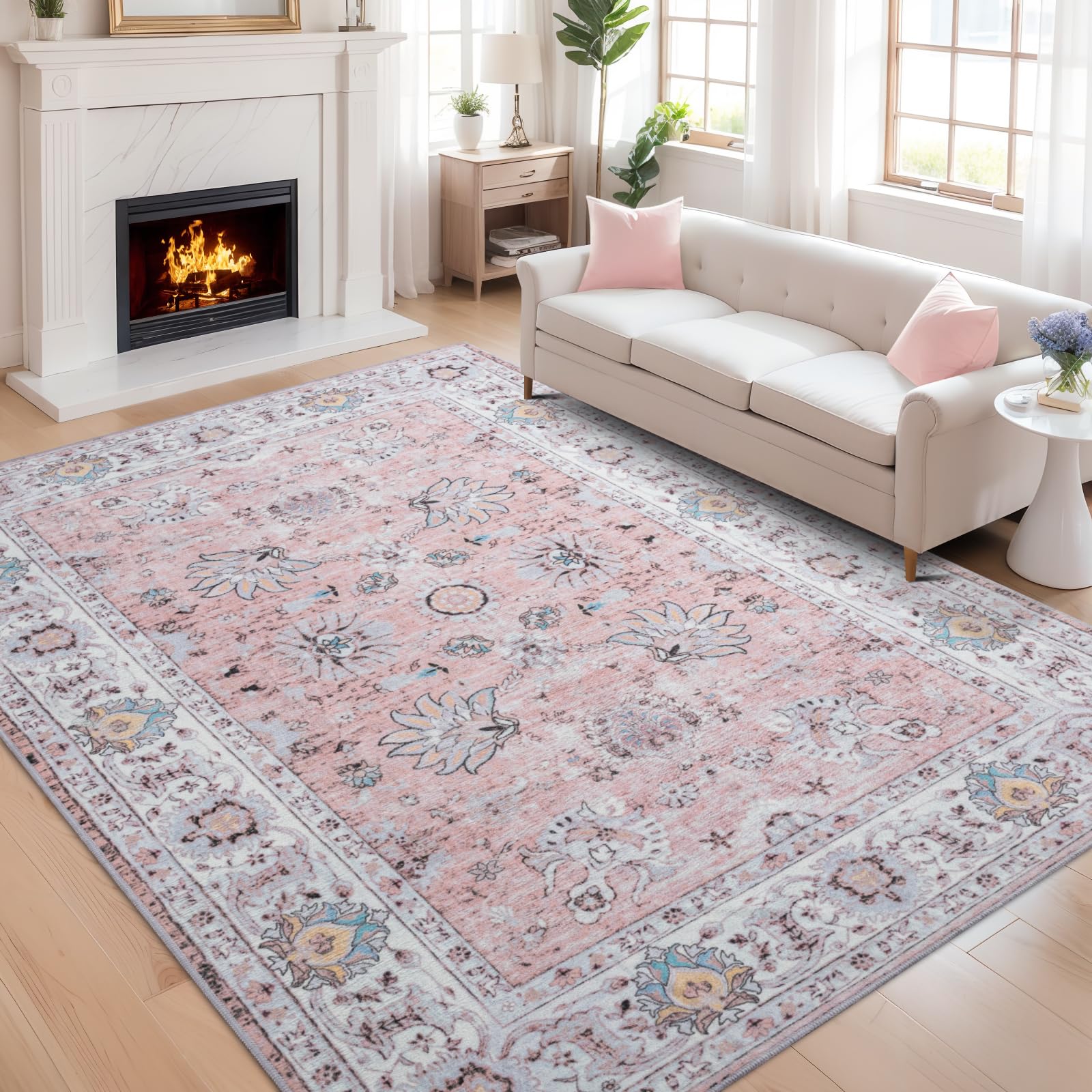 Photo 1 of ***VERY USED*** 6x9 Washable Area Rug Pink Living Room Non Slip Chenille Floral Vintage Bedroom Carpet Stain Resistant Indoor Low-Pile Soft Patterned Printed Dining Room Rugs