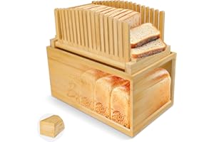 SECOAT 2-IN-1 Bamboo Bread Slicer and Storage Box-Bread Slicer for Homemade Bread with Bread Box,Adjustable Bread Slicing Guide for Homemade,Slice Evenly,Foldable Cutting System with Crumb Tray for Kitchen