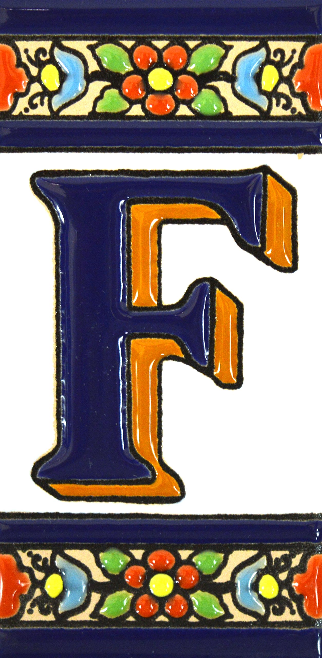 House letters 4 inch. Handpainted house letter tiles for signs, addresses and names. Address numbers for houses. House address numbers and letters. Design FLORES MEDIANO 4,29" x 2,13" (LETTER F) — image 1