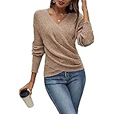 SOLY HUX Women's V Neck Long Sleeve Off Shoulder Sweaters Criss Cross Wrap Ruched Pullover Fall Tops