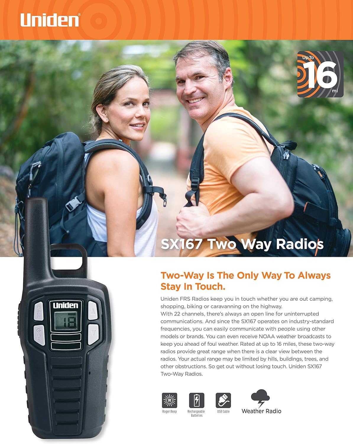 Uniden SX167-2C Up to 16 Mile Range, FRS Two-Way Radio Walkie Talkies, Rechargeable Batteries with Convenient Charging Cable, NOAA Weather Channels, Roger Beep, 2-Pack Black Color