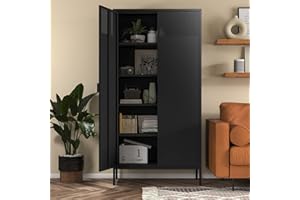 COFaR 5 Tier Black Metal Storage Cabinet, Free Standing with 2 Doors, 4 Adjustable Shelves and Legs, Cupboard Metal Cabinet for Living Room, Kitchen, Dining Room, Office