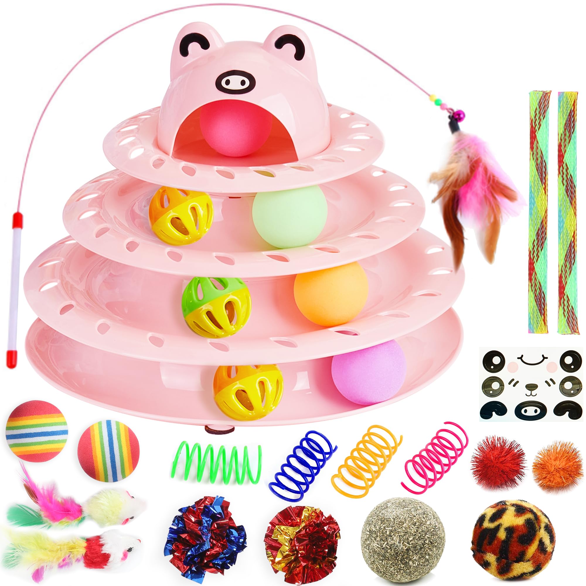 Suhaco 26 PCS Interactive Cat Toys for Indoor Cats Roller 4 Level Track Kitten Toys with 4 Colorful Balls Self Play Kitty Ball Toys Feather Wand Pet Toys for Boredom (Pink)
