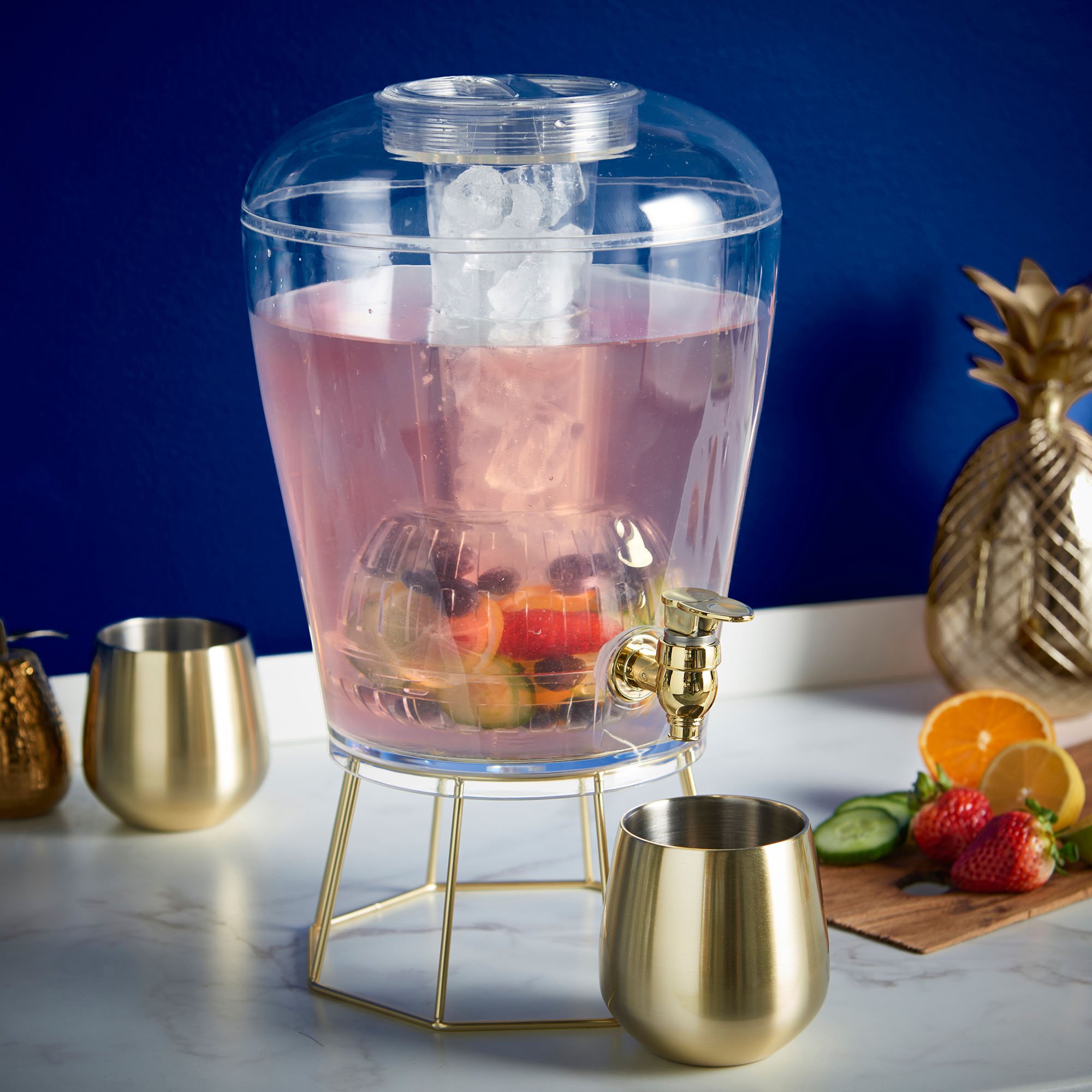 VonShef Drinks Dispenser 8L with Gold Tap, Gold Stand, Ice Core, Fruit