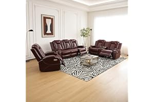 Plithzy Power Recliner Sofa Set with LED, Breathing Leather Sofa Set for Living Room, Living Room Set Reclining Couch Loveseat Chair with USB Port/Cup Holders/Storage (Garnet)