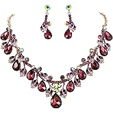 BriLove Women's Wedding Bridal Crystal Teardrop Cluster Leaf Vine Enamel Statement Necklace Dangle Earrings Set