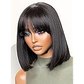 LUVME HAIR 10 Inch Light Yaki Straight Bob Wig with Bangs Human Hair Protective Wig Realistic HD Lace Short Black Bob Wigs, Ready to Go Blunt Cut Bob Wig Glueless 180 Density